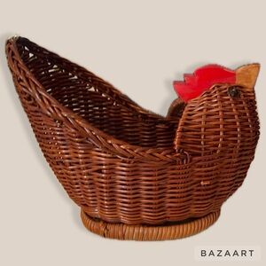 Basket Rooster Container Planter Rattan Wicker Chicken Figure vintage
